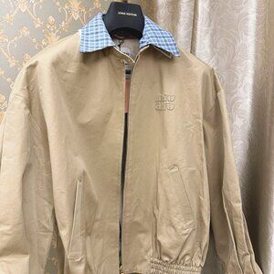 Miu Miu Women's Casual Zip-Collar Faux Two-Piece Jacket — Beige